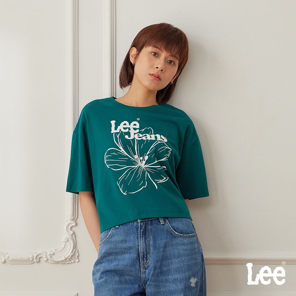 Lee 女款 季節性版型 LEE JEANS花朵短版短袖圓領TEE 三色 (綠色)
