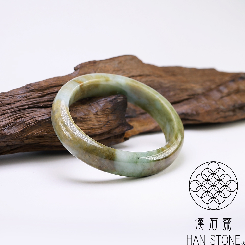 漢石齋】天然翡翠A貨貴妃鐲玉鐲飄花種帶黃翡(手圍17.4+14.9/版寬11.8mm