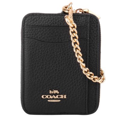 COACH 金屬LOGO 荔枝紋全皮方型卡夾鍊帶零錢包(黑色)
