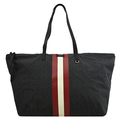 BALLY 燙金LOGO條紋印花輕量尼龍摺疊托特包禮盒組(黑灰-附手拿包)
