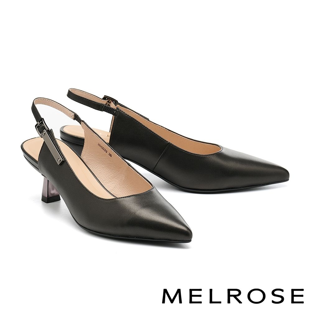 高跟鞋 MELROSE 美樂斯 優雅時尚金屬長釦異材質後繫帶尖頭高跟鞋－黑