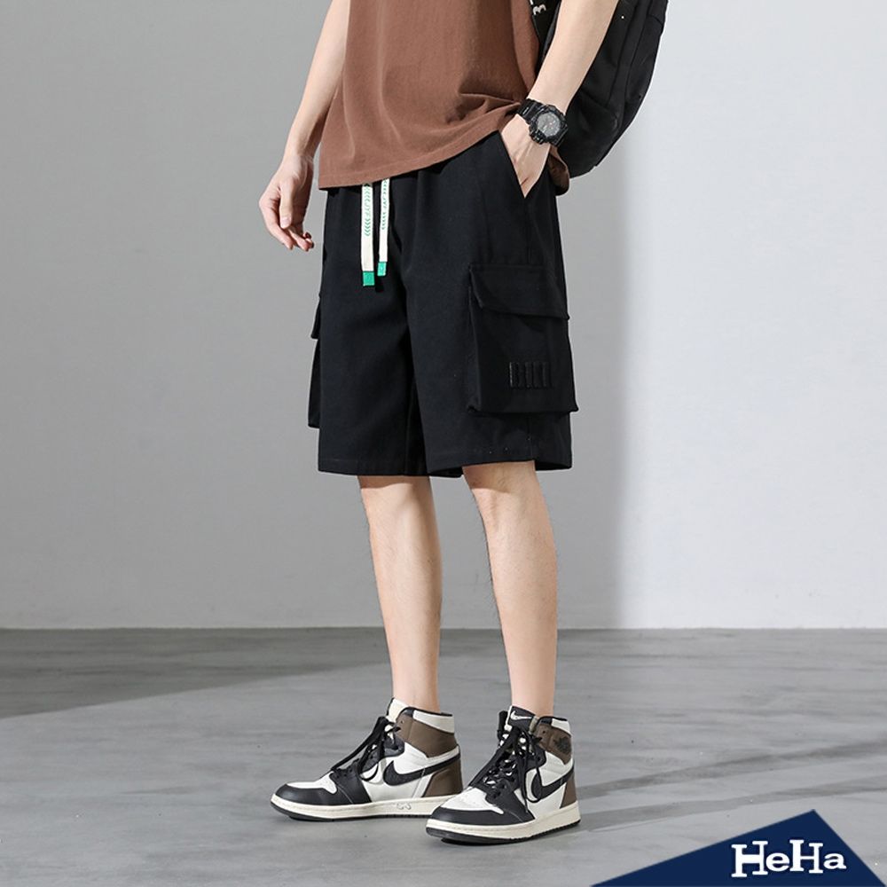 【HeHa】大碼 工裝口袋抽繩鬆緊短褲 四色 (黑色)
