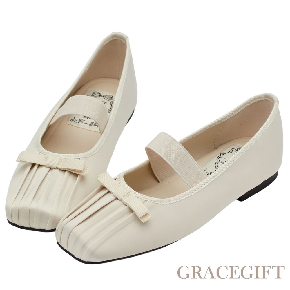 【Grace Gift】法式芭蕾精緻抓皺方頭緞面平底瑪莉珍鞋 米白