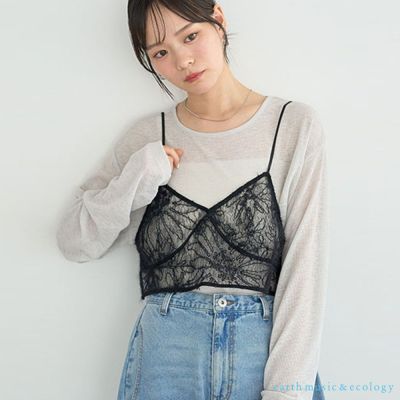 〔earth music〕毛絨感鏤空花朵蕾絲細肩馬甲背心