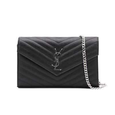 YSL SAINT LAURENT Cassandre Chain Wallet WOC 魚子醬牛皮 鍊條包 手拿包 肩背包 黑色 銀色 377828