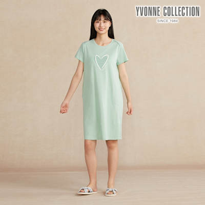YVONNE 以旺傢飾 【蘆薈纖維】愛心網印短袖洋裝-灰綠