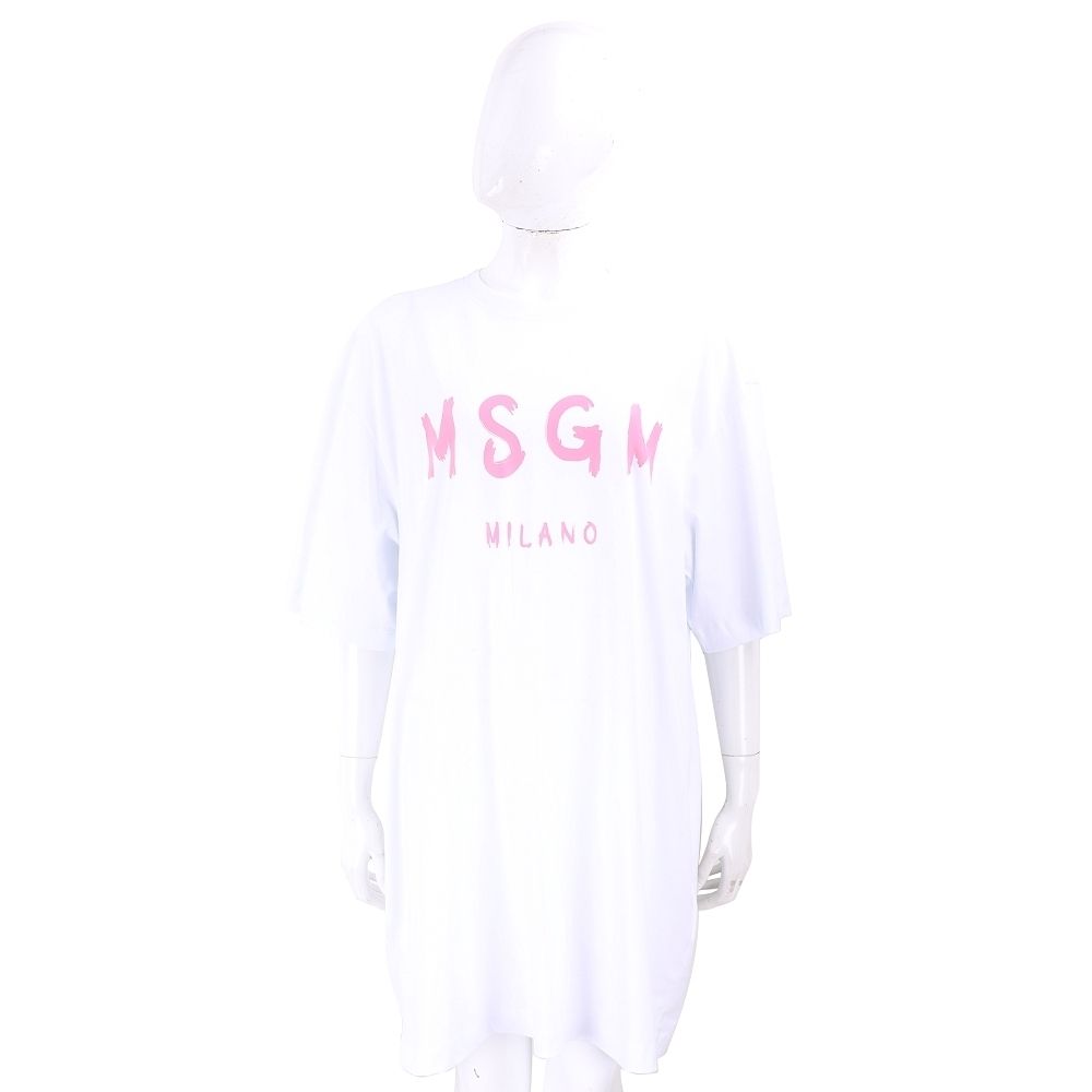 MSGM 塗鴉字母短袖長版TEE 洋裝-多色可選 (粉字母白色)