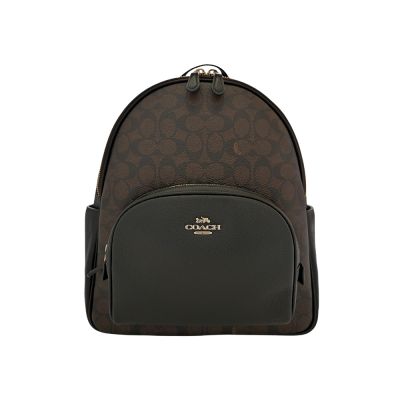 COACH 深咖C LOGO PVC拼接黑色荔枝紋皮革拉鍊雙層多口袋後背包