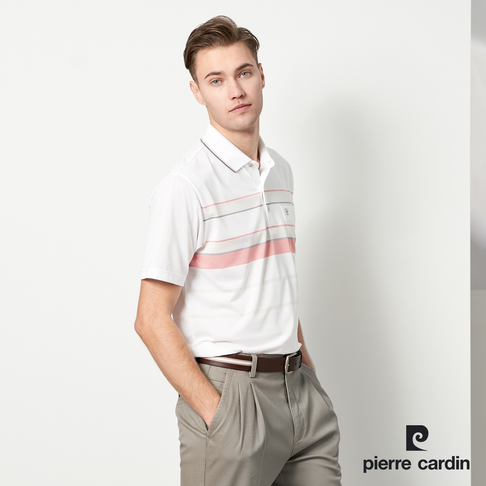 pierre cardin 皮爾卡登 男款 TOP定位橫條短袖POLO衫-白色(5237290-90)
