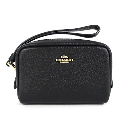 COACH 金馬車LOGO鵝卵石紋皮革立體手掛包(黑色)