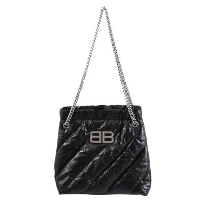 BALENCIAGA巴黎世家 BALENCIAGA CRUSH TOTE 金屬LOGO揉製牛皮托特/鍊包(黑 XS)