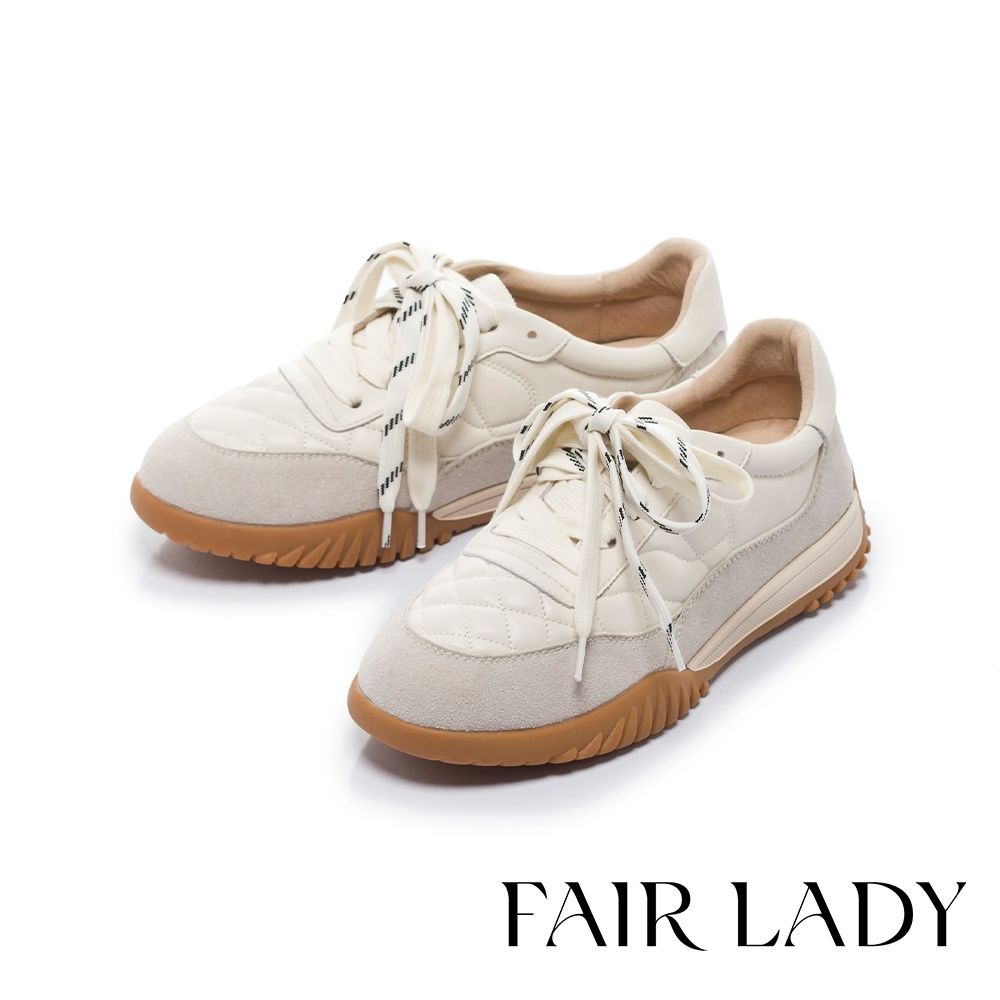 FAIR LADY 軟實力 菱格壓紋雙色綁帶休閒鞋 奶油 (5M3052)