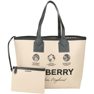 BURBERRY 巴寶莉 London 大款 標籤印花棉質拼小牛皮托特包(附萬用包/米杏色)