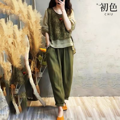 初色 棉麻印花圓領短袖五分袖T恤上衣女上衣+純色休閒褲寬褲長褲套裝-軍綠色-36471(M-3XL可選)