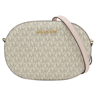 MICHAEL KORS JET SET 金屬LOGO印花橢圓拉鍊斜背包(白/粉)