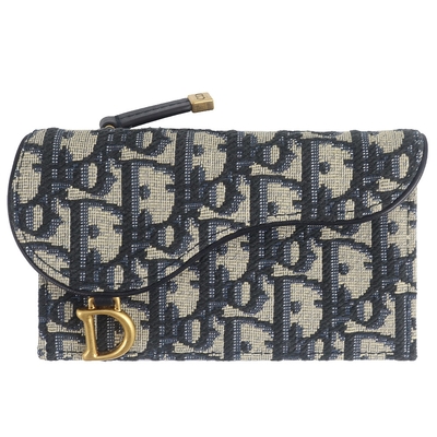 DIOR 迪奧 SADDLE 藍色緹花布翻蓋拉鍊零錢/卡片夾(5卡)