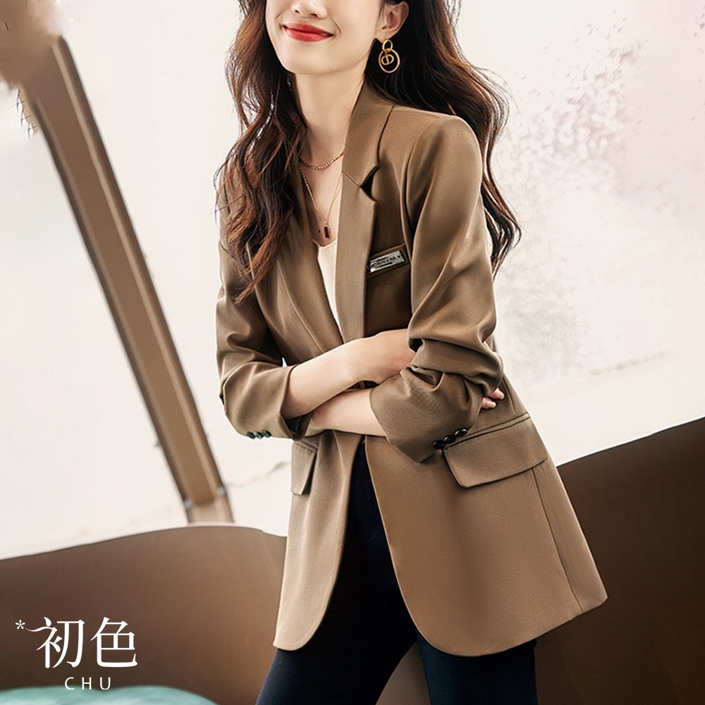 初色  簡約翻領單扣七分袖西裝外套-共3色-63718(M-2XL可選)