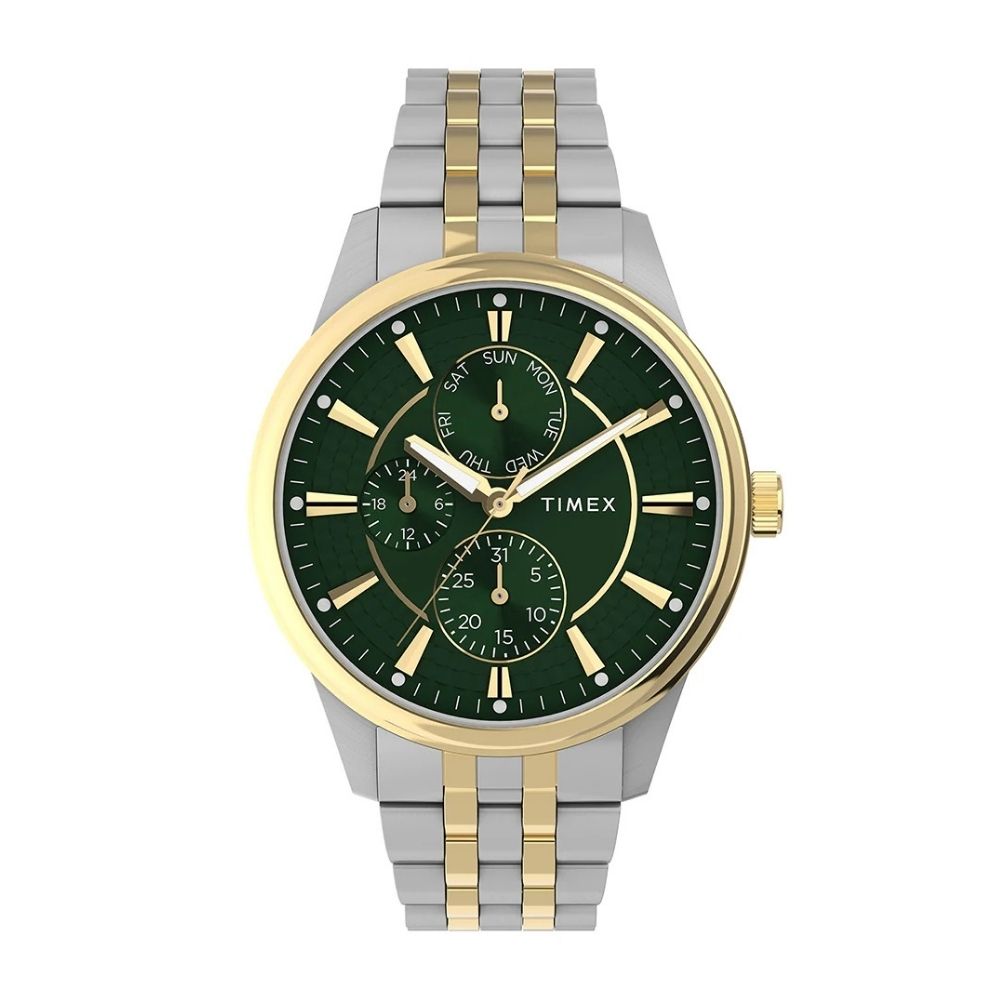 TIMEX 天美時 Chicago 45毫米 多功能小錶盤 雙色不鏽鋼錶帶腕錶(綠x金銀 TXTW2Y21400)