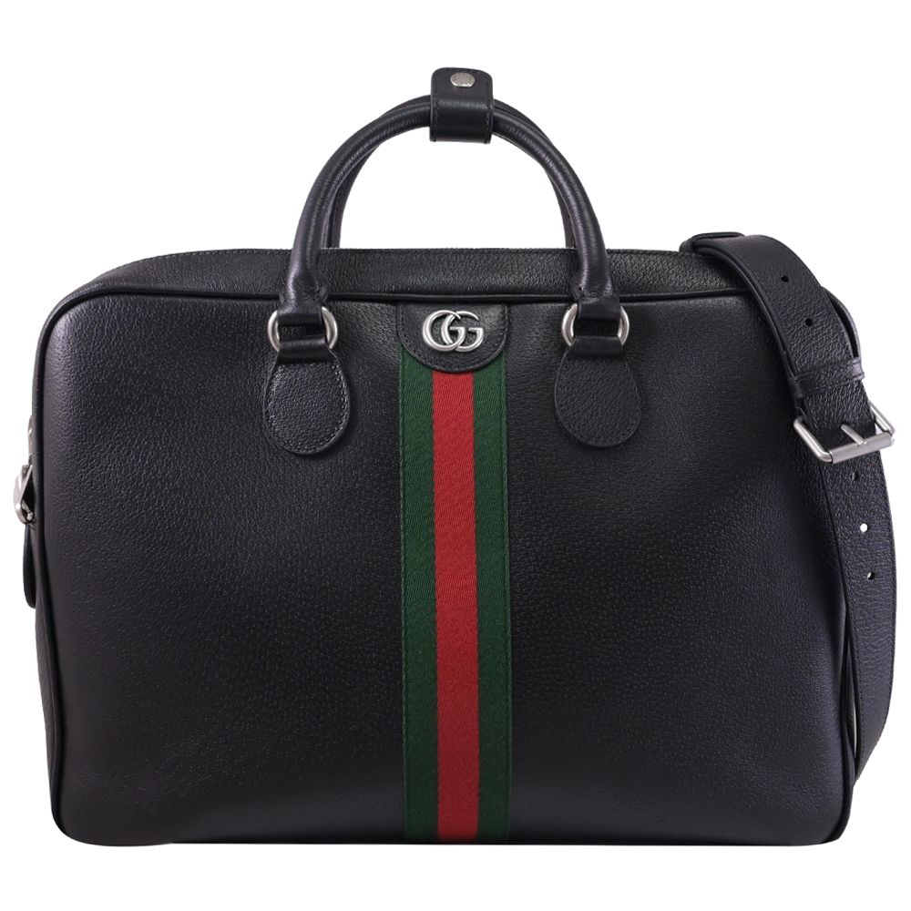 GUCCI Ophidia 金屬雙G LOGO綠紅織帶兩用包/公事包(黑)