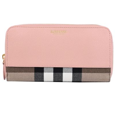 BURBERRY 經典LOGO格紋拼接牛皮ㄇ字拉鍊長夾(粉邊)
