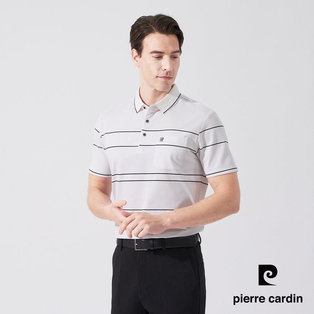pierre cardin 皮爾卡登 男款 橫條短袖POLO衫-白色(5247262-90)