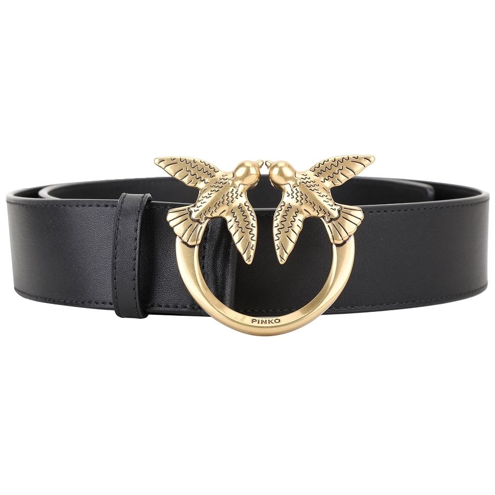 PINKO Love Birds 燕子銅釦環牛皮腰帶-多款可選 (40mm-黑色)
