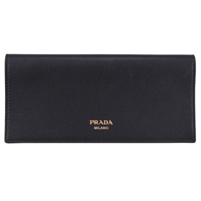 PRADA 燙金LOGO素面小牛皮對開式零錢長夾(黑)
