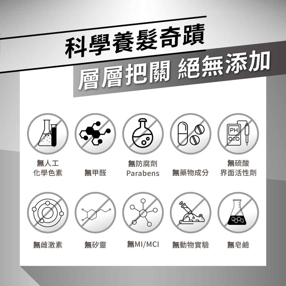 科學養髮奇蹟層層把關 絕添加PH無人工無防腐劑無硫酸化學色素無甲醛Parabens無藥物成分界面活性劑無雌激素無矽靈無/MCI無動物實驗無皂鹼