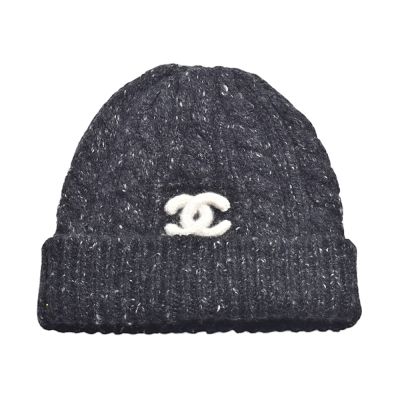 CHANEL 經典白色立體雙C LOGO 喀什米爾羊絨針織毛帽(黑色)