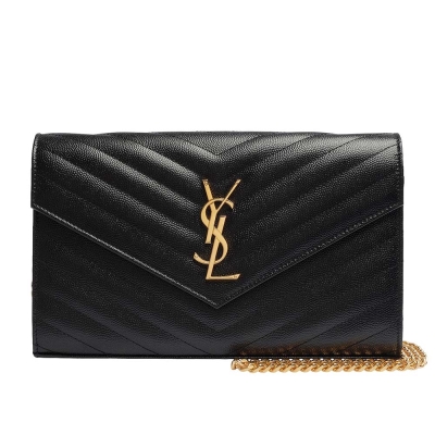 YSL Saint Laurent聖羅蘭 YSL MONOGRAM系列V字縫線魚子醬牛皮金屬LOGO金鍊斜肩/手拿包(黑)
