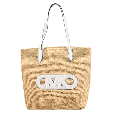 MICHAEL KORS ELIZA 浮雕大LOGO簡約草編拼接肩背托特包/購物包(卡其/白邊)