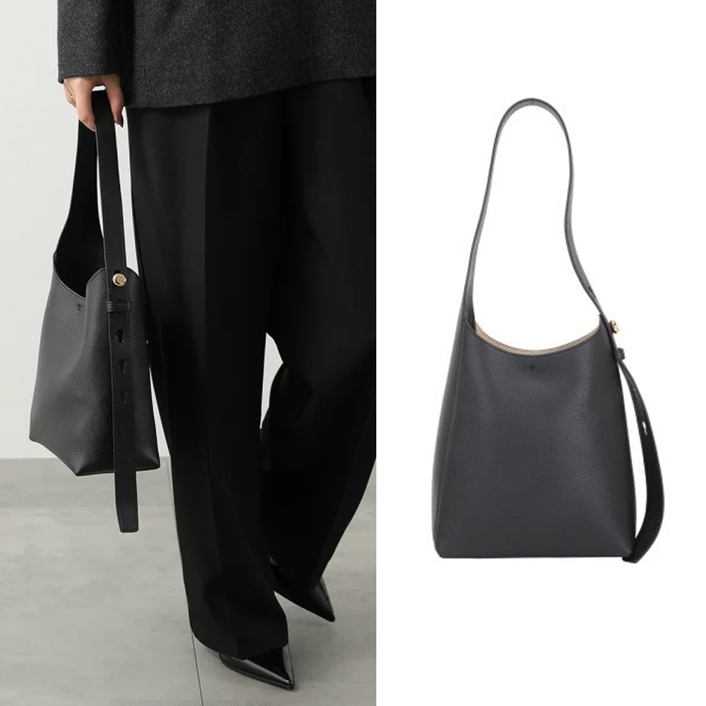 TORY BURCH Romy Hobo 鈕扣金屬標誌鵝卵石紋牛皮手提 肩背流浪包(小款/黑色)
