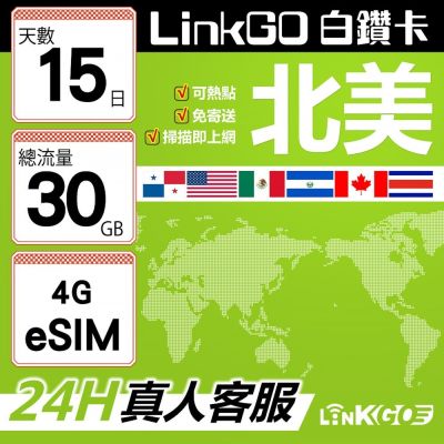LinkGO白鑽卡 北美 eSIM卡 AT&T/Verizon 15天總流量30GB(北美網絡卡 美國 加拿大 墨西哥)