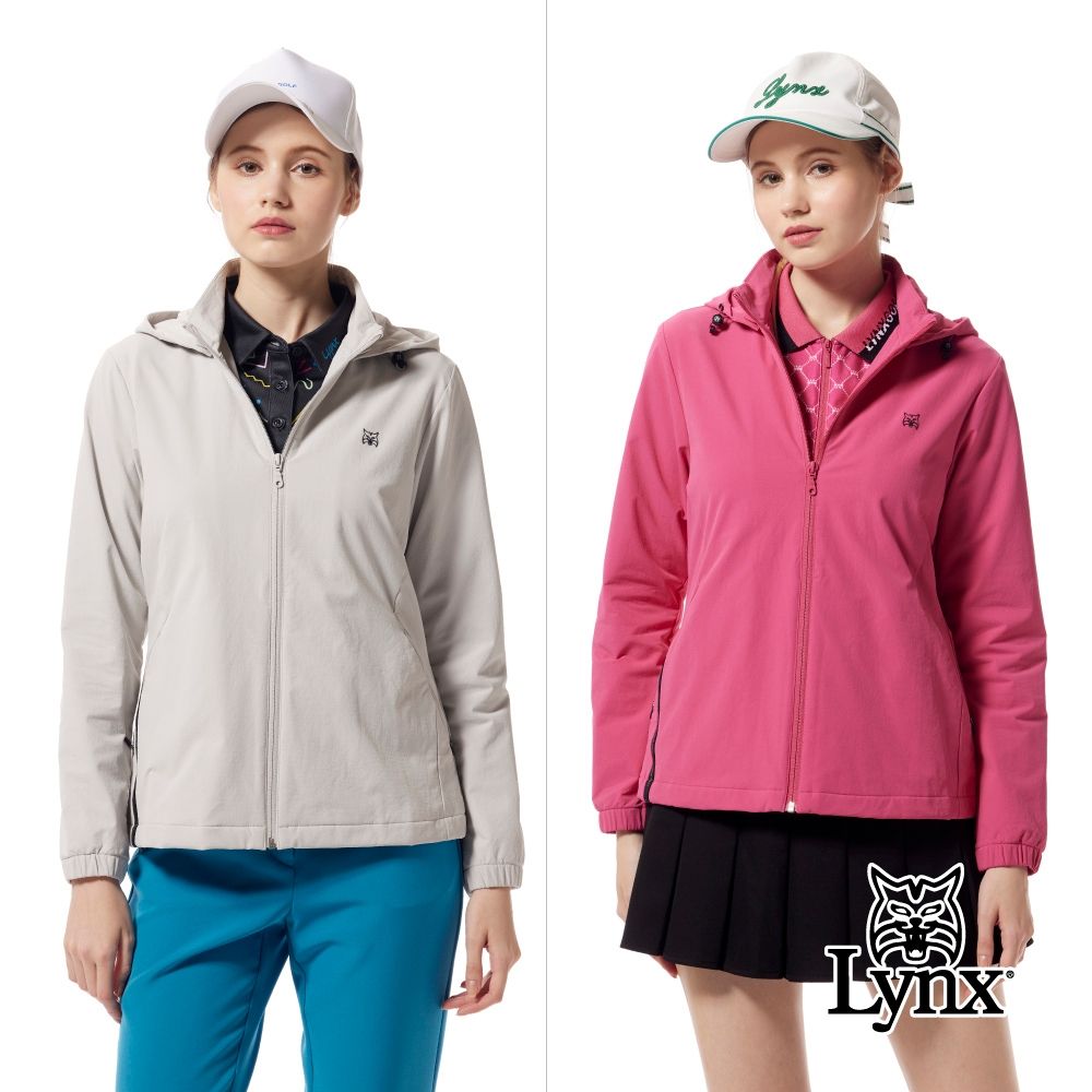 【Lynx Golf】女款彈性舒適抗UV防潑水機能羅紋剪接織帶造型長袖可拆式連帽外套(二色) (淺灰色)