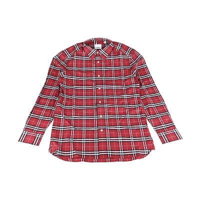 BURBERRY 標籤印字LOGO格紋設計棉質鈕釦長袖釦領襯衫(男款/紅)