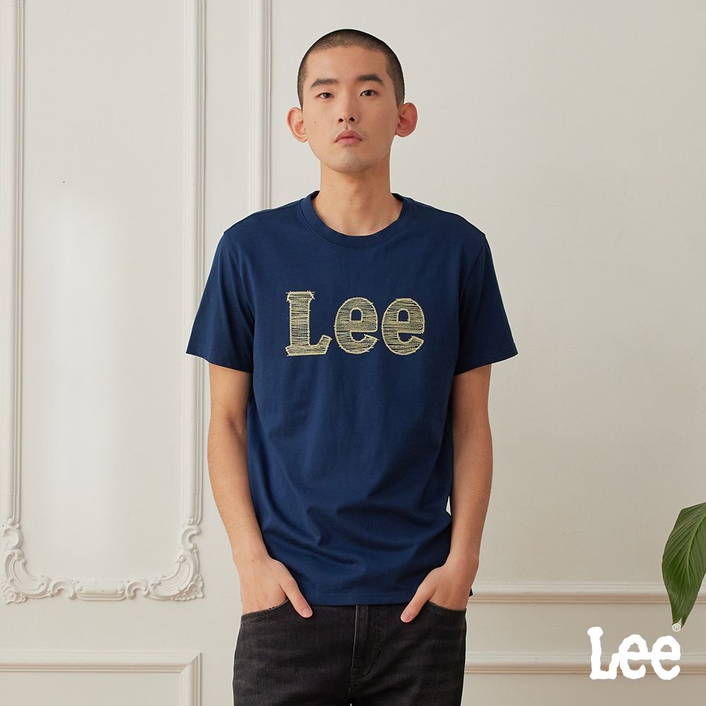 Lee 男款 標準版型 大LOGO繡線短袖圓領TEE 兩色 (深藍)