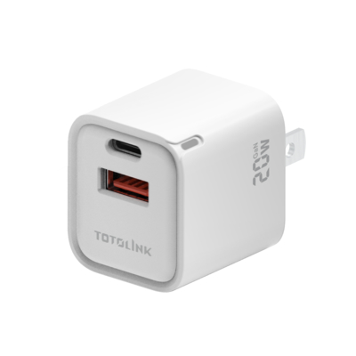 TOTOLINK 20W GaN氮化鎵 PD快充 雙孔快速充電器 電源供應器 支援蘋果iPhone 安卓手機 Type-C設備充電-TG20W