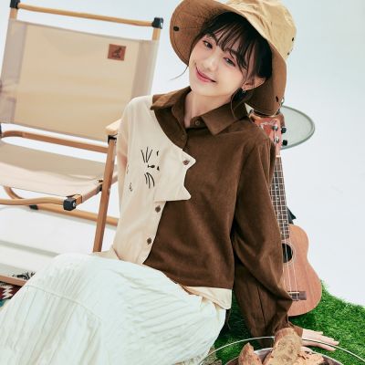 OB嚴選中大尺碼-日系燈心絨貓咪刺繡造型拼接排釦襯衫《AB20835》