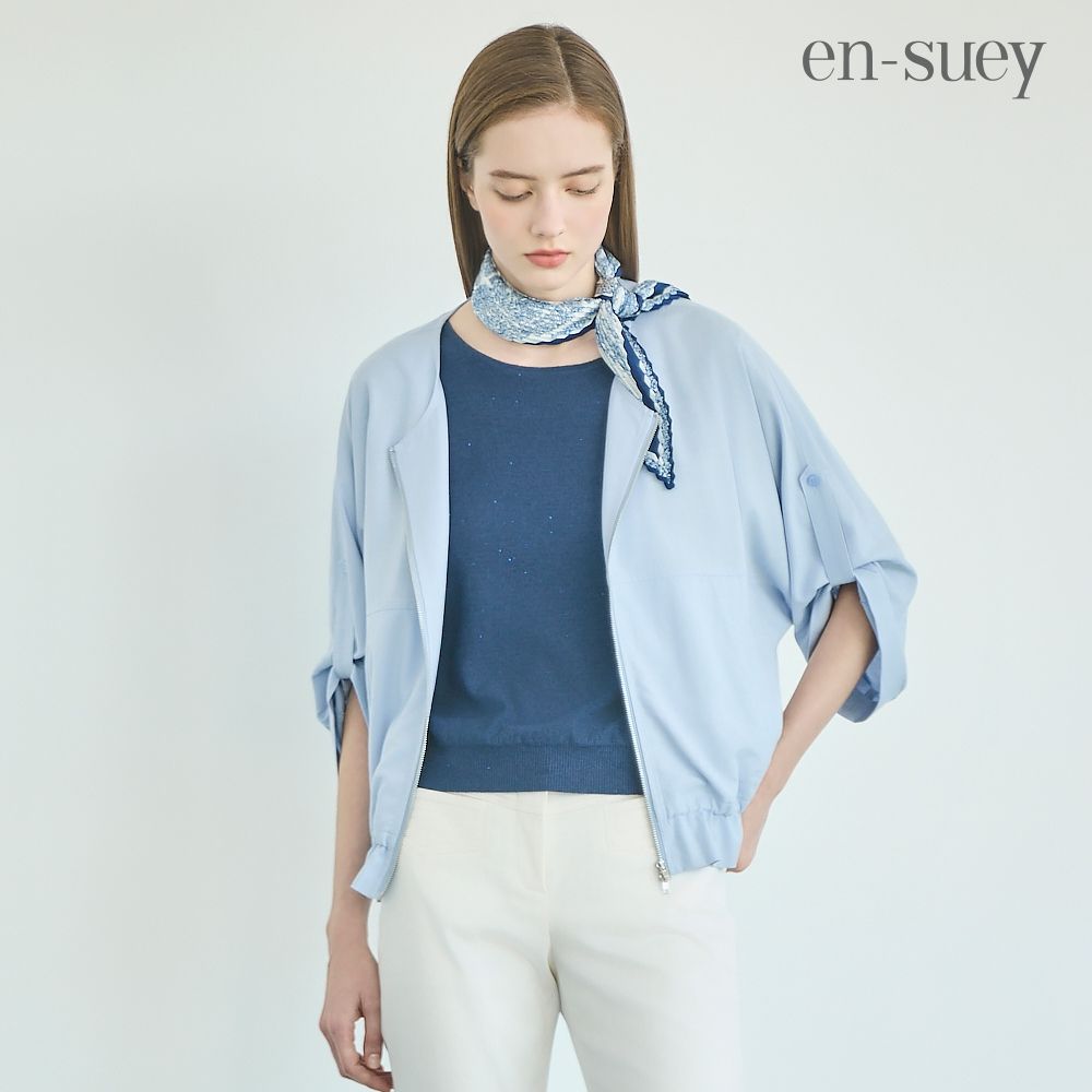 【en-suey 銀穗】網路限定  圓領雙拉鍊變化袖遮陽薄罩衫外套 (淺藍色)
