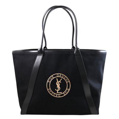 YSL Saint Laurent Rive Gauche 圓形徽標帆布大容量托特包(黑)