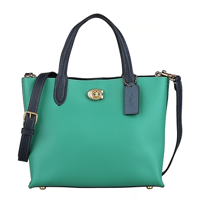 COACH Willow 24烙印吊牌LOGO撞色皮革扭鎖吸釦式手提/斜背包(亮綠x多色)
