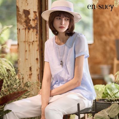 【en-suey 銀穗】復古切接抽皺圓領上衣