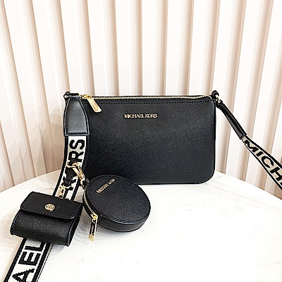 MICHAEL KORS Jet Set Travel 金字Logo防刮皮革三合一織紋寬帶斜背包(黑色)