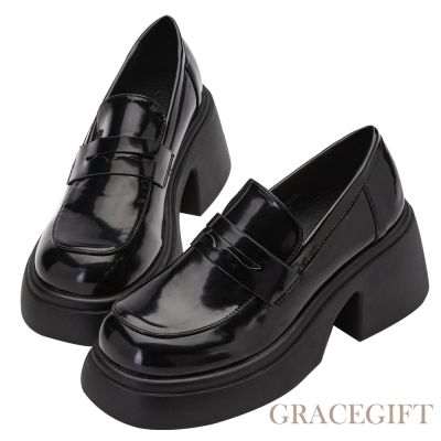 【Grace Gift】校園女神增高輕量厚底樂福鞋 黑漆