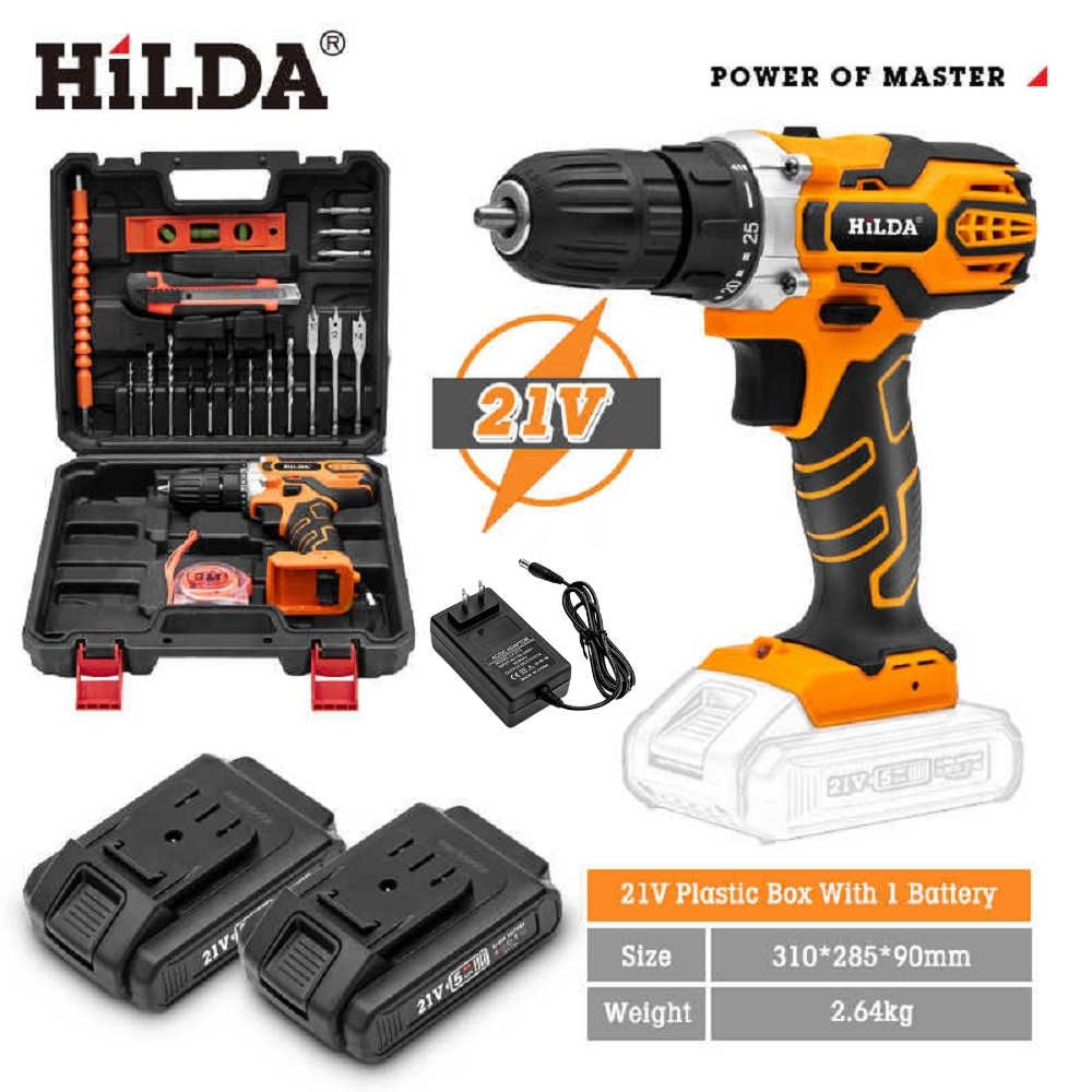 【HILDA】希爾達電動工具 21V 充電式 鋰電電鑽/起子機   雙電池  標準配備 20件 震動套裝組 HL21-2SH