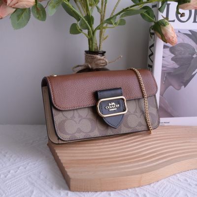 COACH Morgan 經典馬車LOGO印花拼接復古迷你斜背鍊包(駝/焦糖棕)