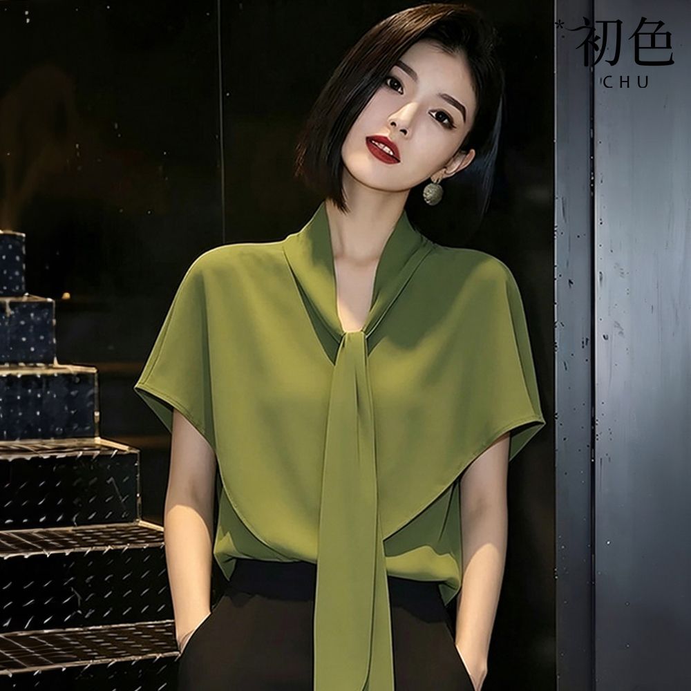初色 法式純色V領綁帶領飄帶短袖襯衫上衣女上衣-綠色-52023(M-2XL可選)