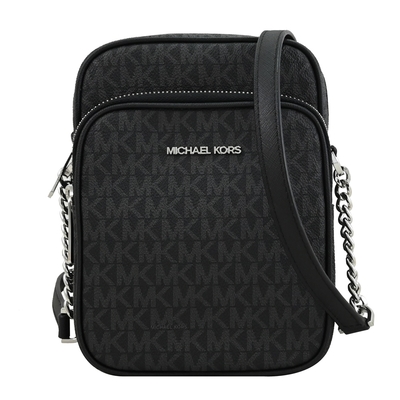 MICHAEL KORS Jet Set Travel 經典印花皮革前口袋拉鍊斜背包(黑灰)