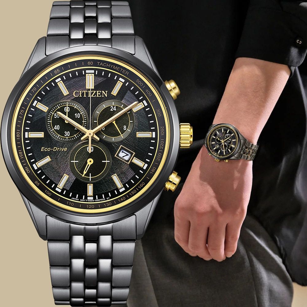 CITIZEN 星辰 LIGHT in BLACK 闇影之光 光動能50週年限量 三眼計時手錶 開學購物季 送禮首選 AT2576-68E