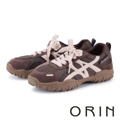 ORIN 牛皮拼接透氣網布耐走戶外休閒鞋 咖啡